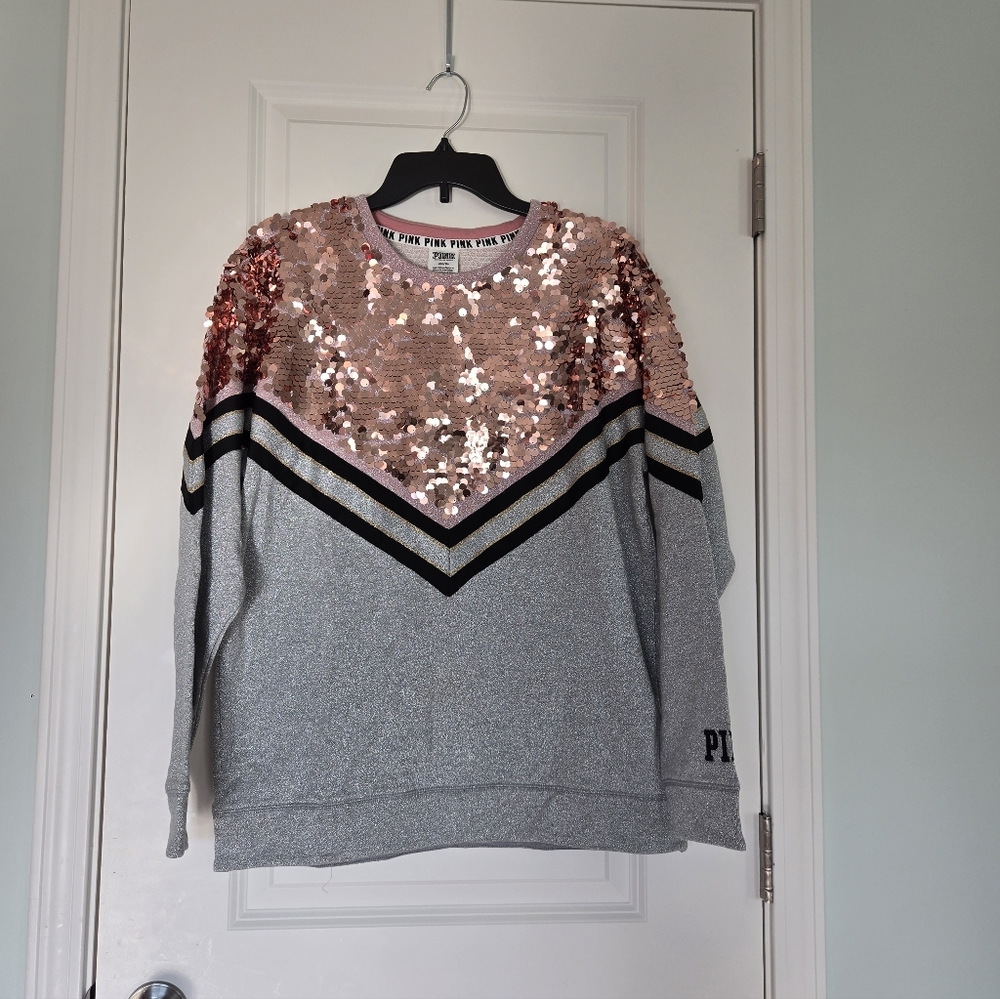 Victoria's Secret PINK Rose Gold/pink Gray Sparkly Sequin Sweater Medium NWOT - Picture 2 of 9